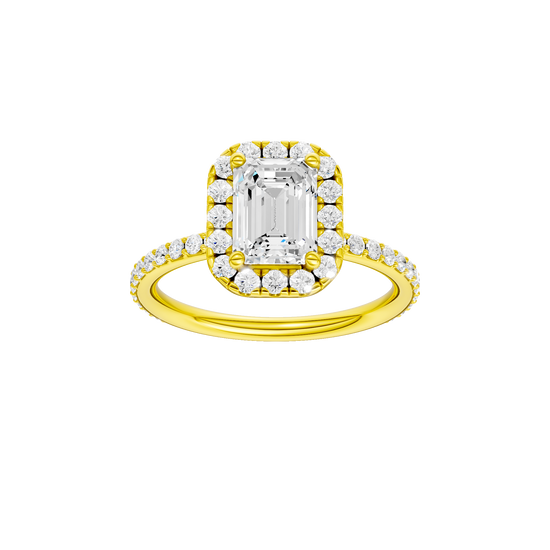 Emerald-cut diamond engagement ring with a prong-set diamond band and halo setting.