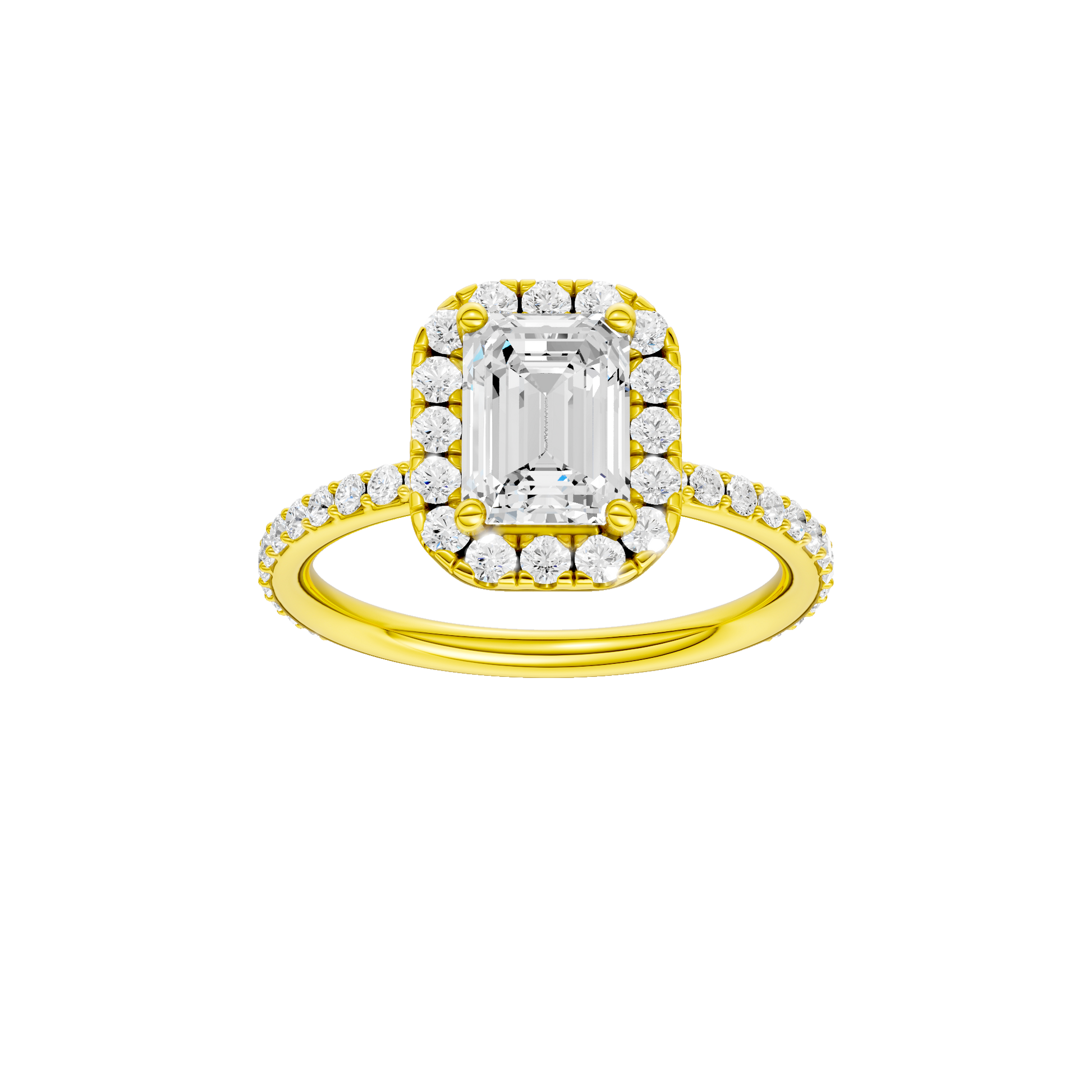 Emerald-cut diamond engagement ring with a prong-set diamond band and halo setting.