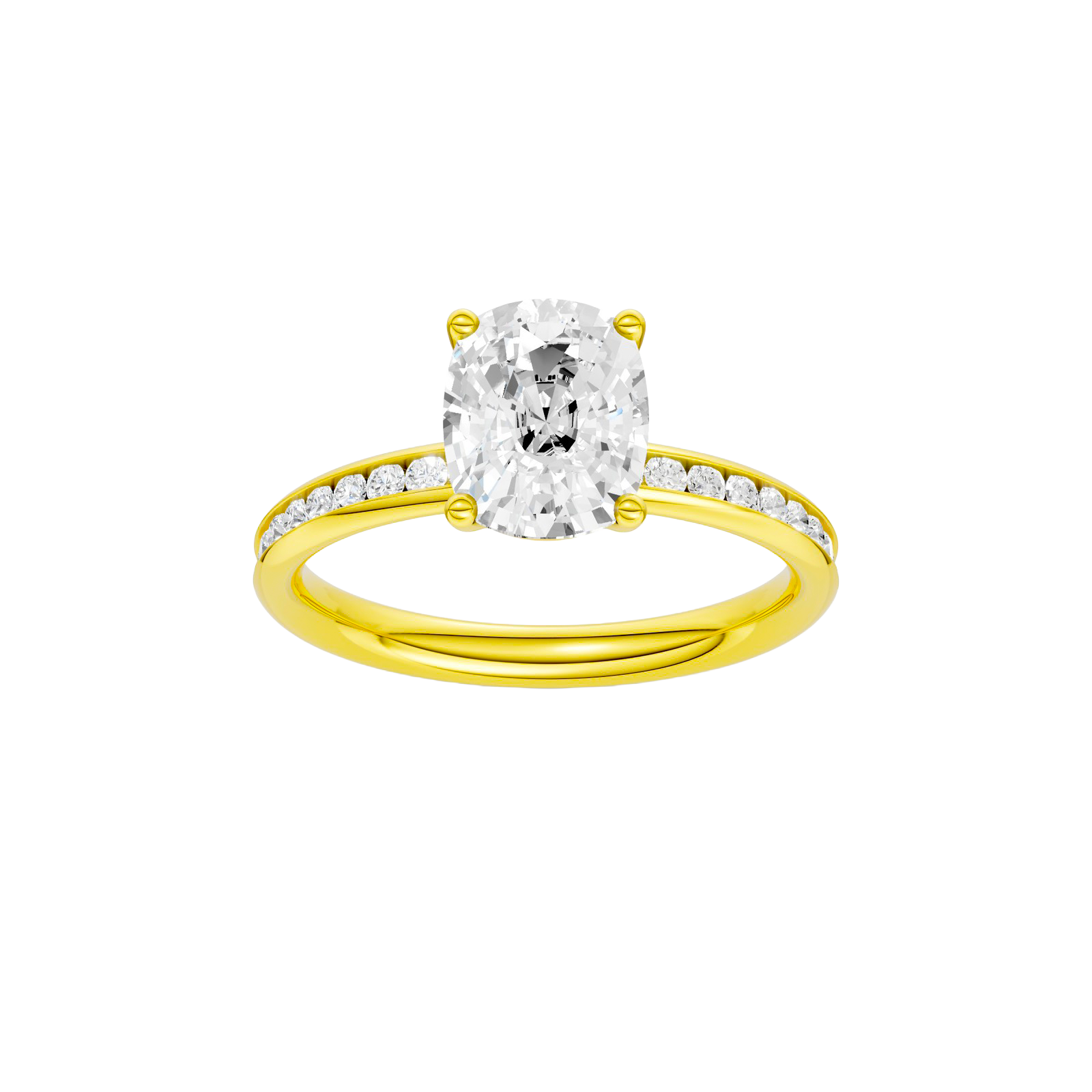 Elongated cushion-cut diamond engagement ring with a channel-set diamond band and solitaire setting.