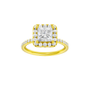 Princess-cut diamond engagement ring with a prong-set diamond band and halo setting.