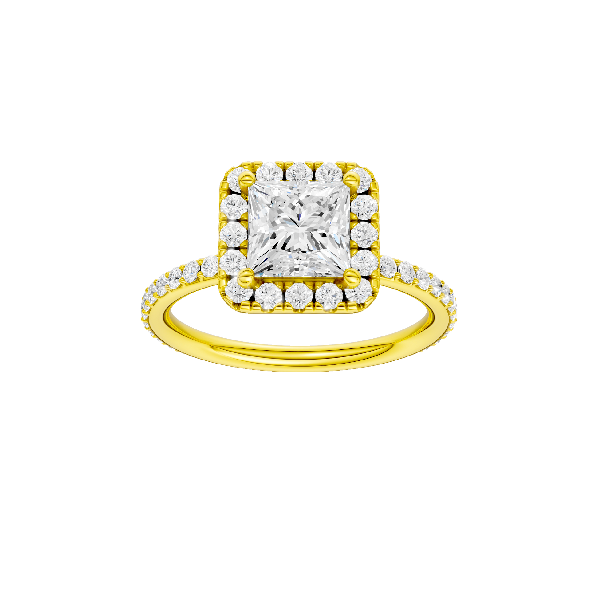 Princess-cut diamond engagement ring with a prong-set diamond band and halo setting.