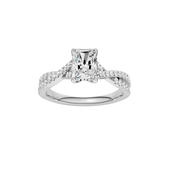 Radiant-cut diamond engagement ring in 14k white gold with a prong-set diamond band and twist setting