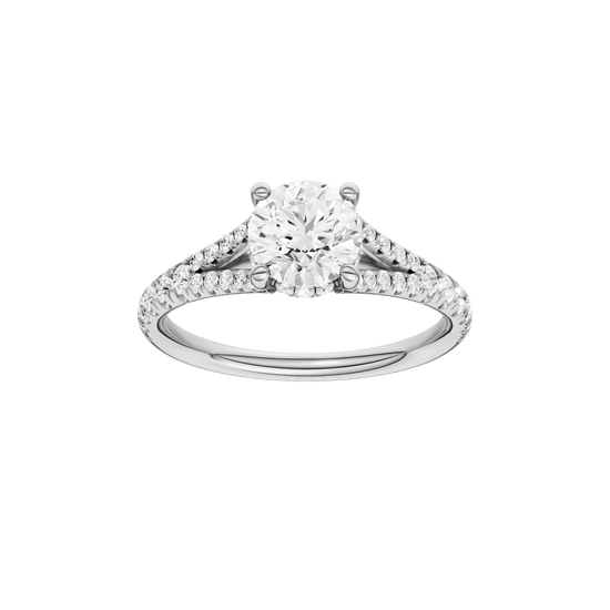 Round-cut diamond engagement ring with a prong-set diamond band and hidden-halo setting.