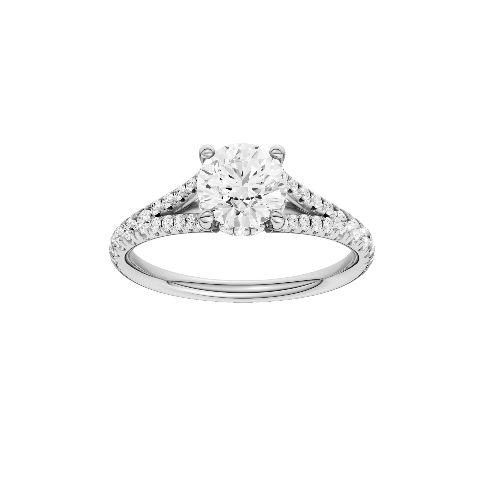 Round-cut diamond engagement ring with a prong-set diamond band and hidden-halo setting.