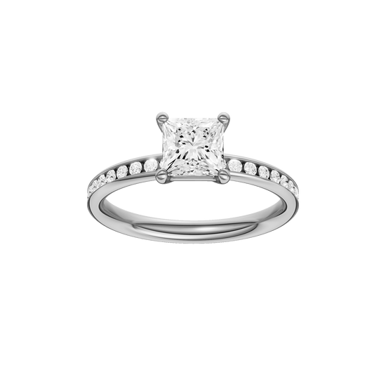 Princess-cut diamond engagement ring with a channel-set diamond band and solitaire setting.