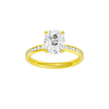 Elongated cushion-cut diamond engagement ring with a channel-set diamond band and solitaire setting.
