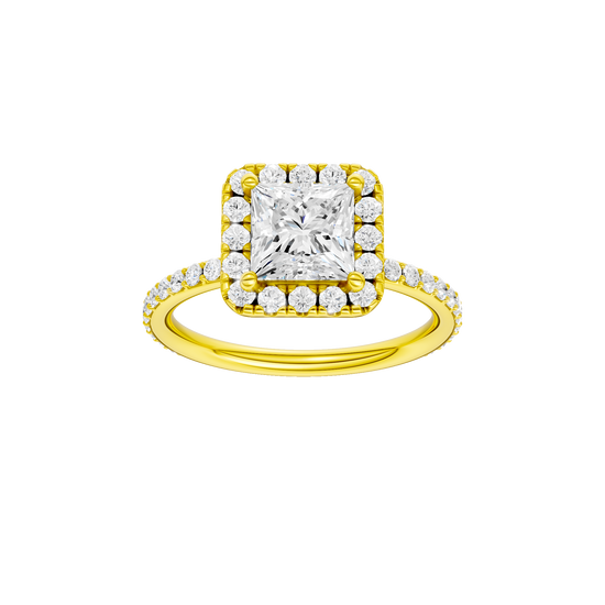 Princess-cut diamond engagement ring with a prong-set diamond band and halo setting.
