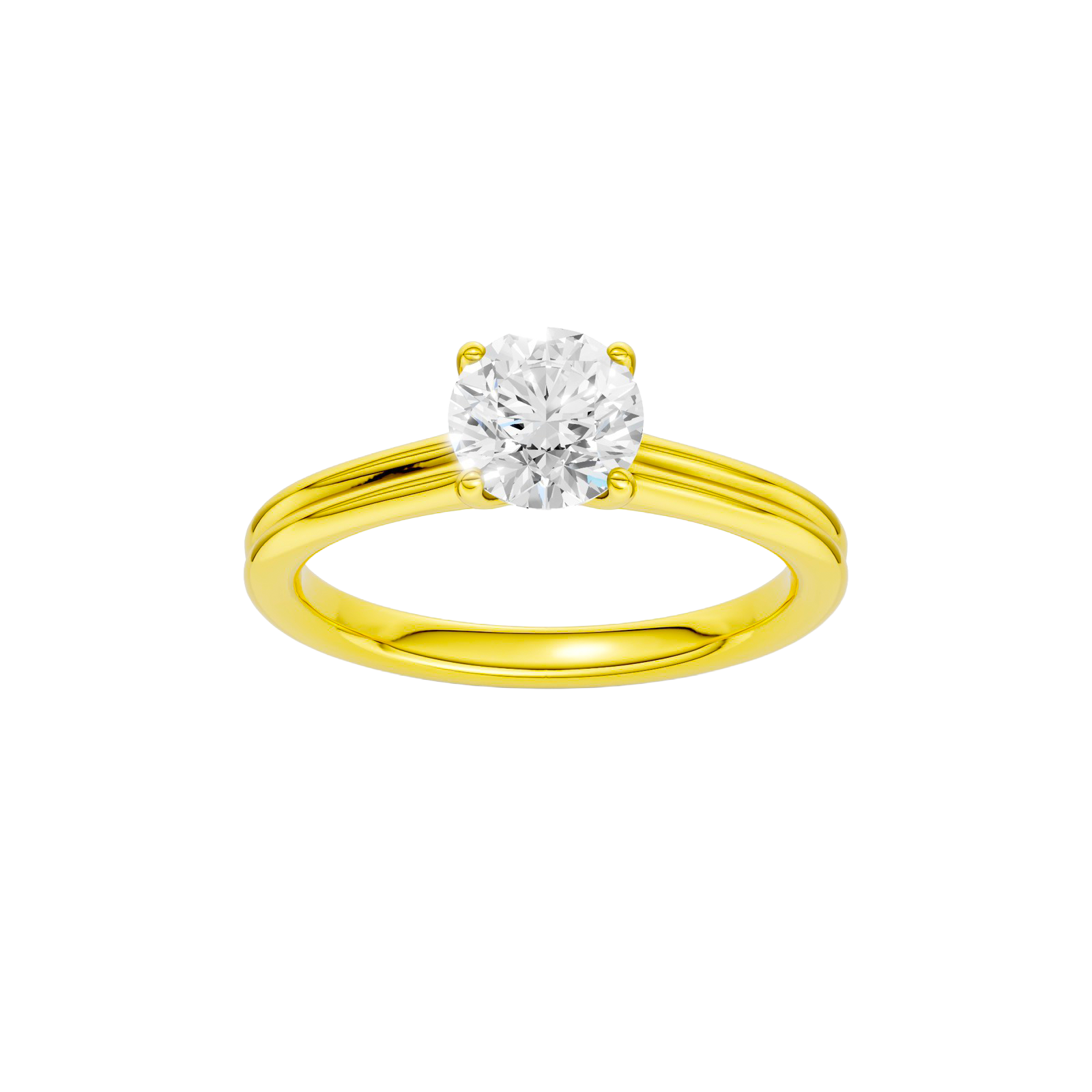 Round-cut diamond engagement ring with a plain band and solitaire setting.
