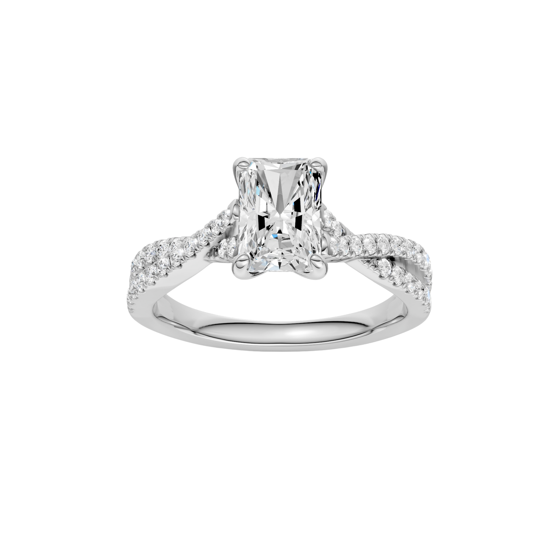 Radiant-cut diamond engagement ring in 14k white gold with a prong-set diamond band and twist setting