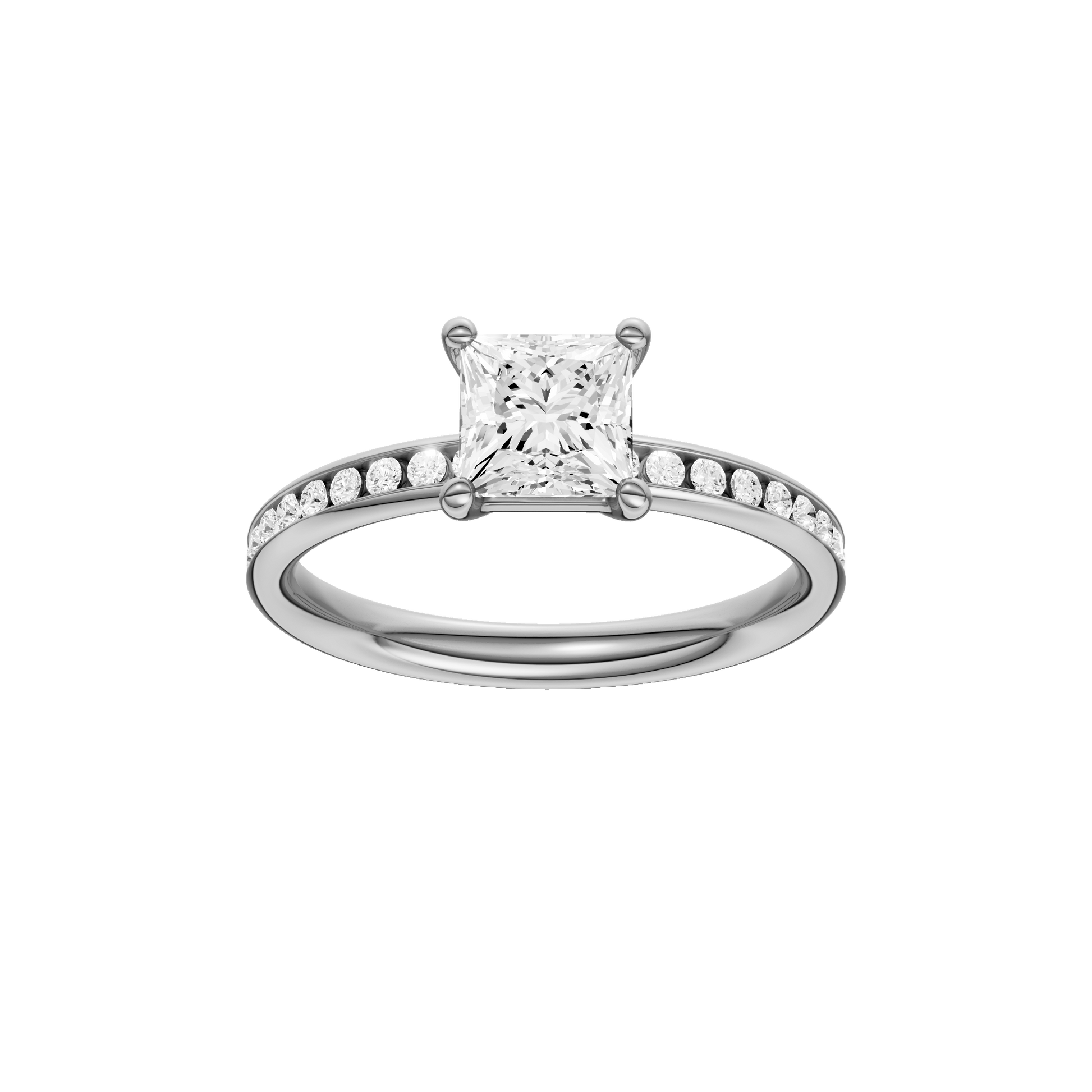 Princess-cut diamond engagement ring with a channel-set diamond band and solitaire setting.