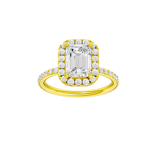 Emerald-cut diamond engagement ring with a prong-set diamond band and halo setting.