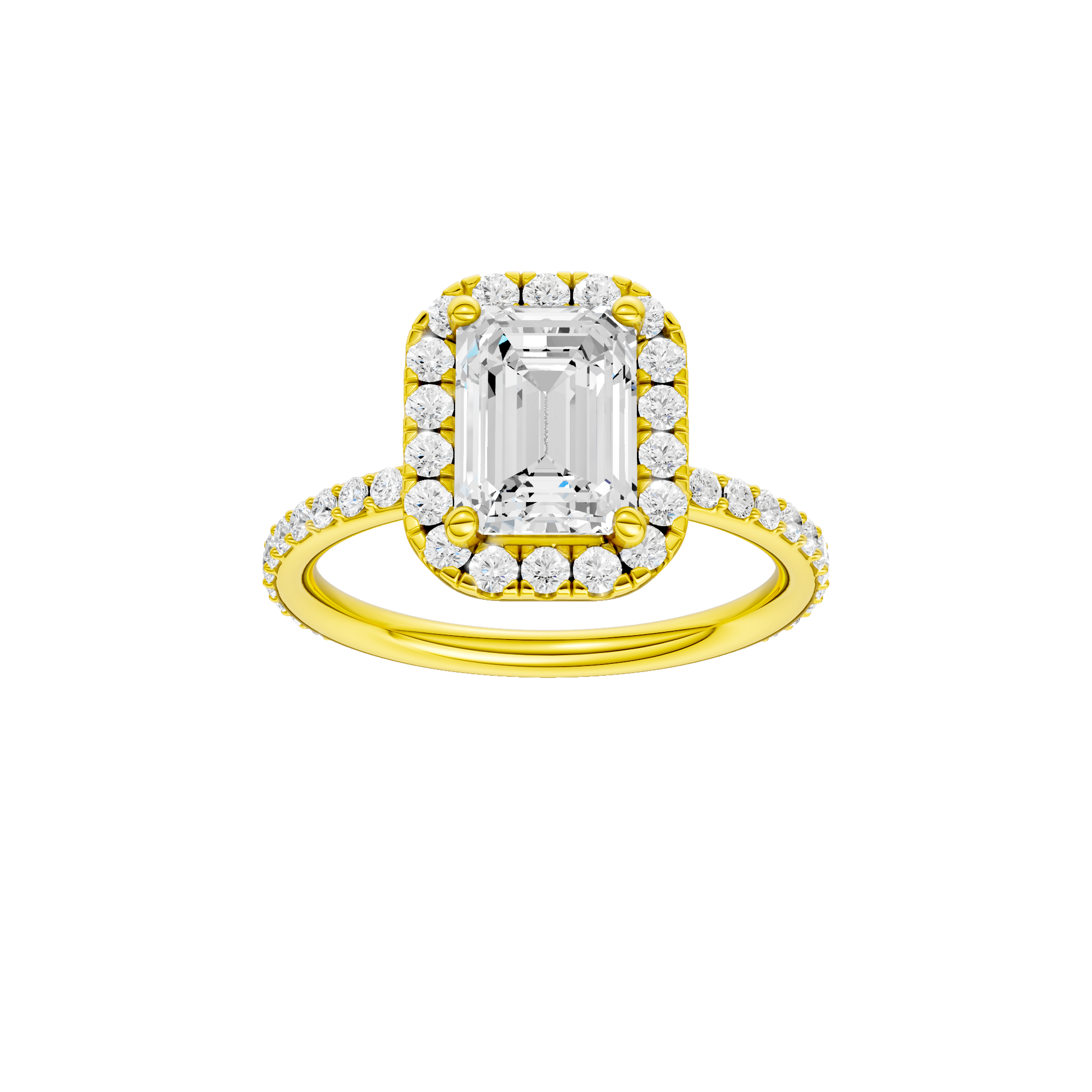 Emerald-cut diamond engagement ring with a prong-set diamond band and halo setting.