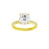 Elongated cushion-cut diamond engagement ring with a channel-set diamond band and solitaire setting.