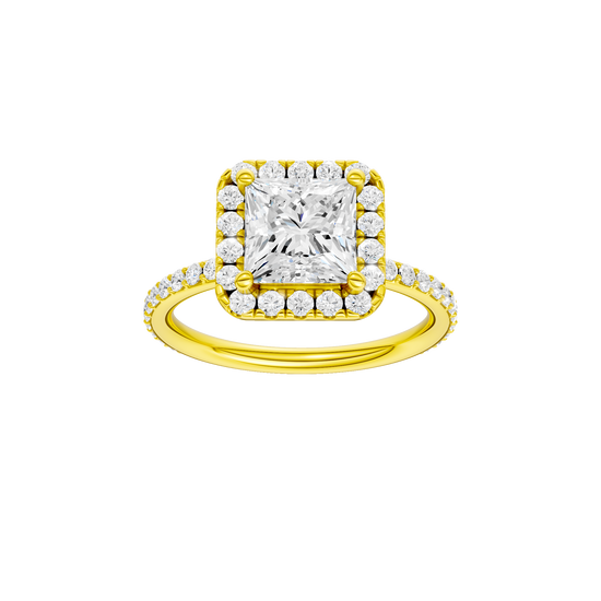 Princess-cut diamond engagement ring with a prong-set diamond band and halo setting.