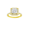 Princess-cut diamond engagement ring with a prong-set diamond band and halo setting.