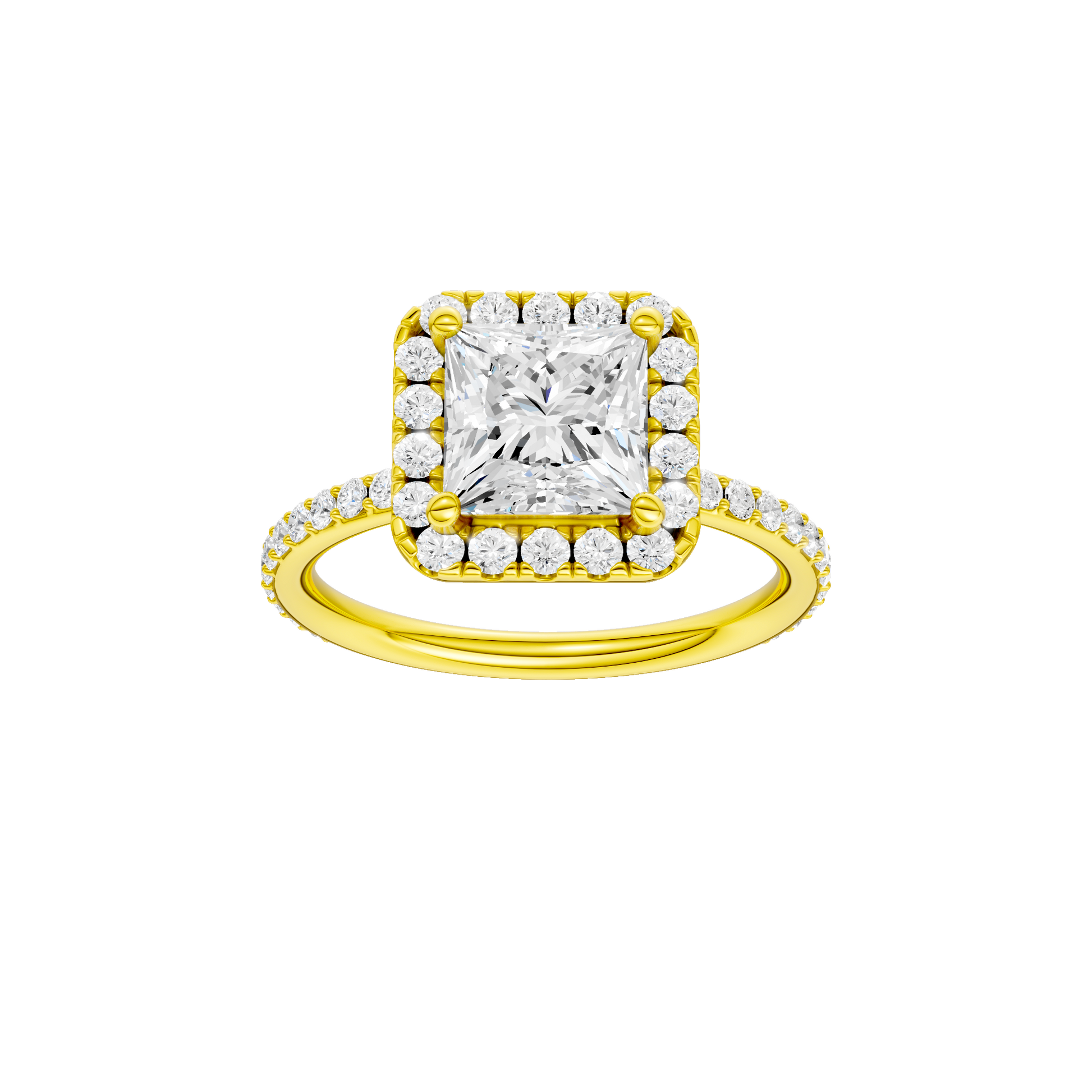Princess-cut diamond engagement ring with a prong-set diamond band and halo setting.