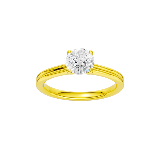 Round-cut diamond engagement ring with a plain band and solitaire setting.