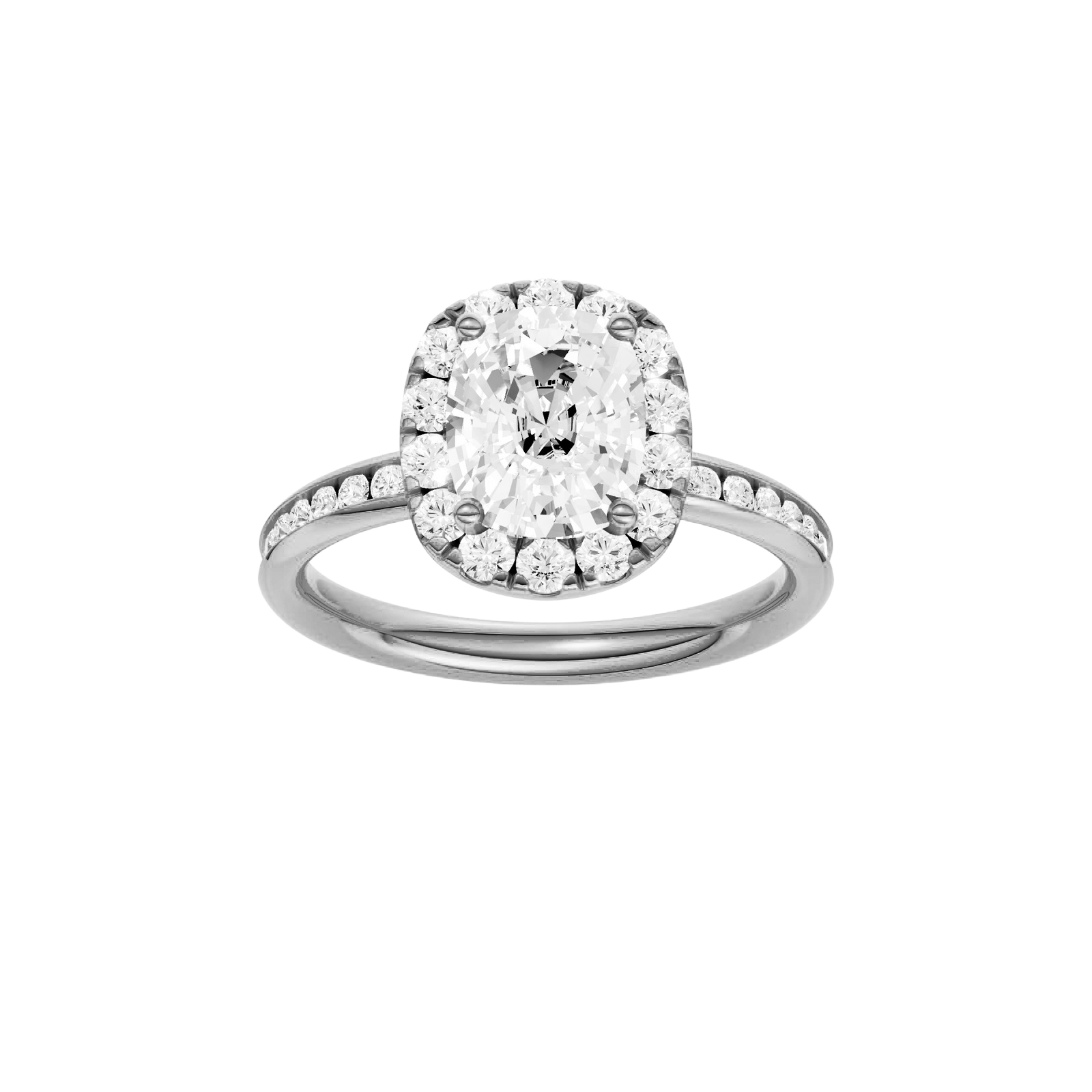 Elongated cushion-cut diamond engagement ring with a channel-set diamond band and halo setting.