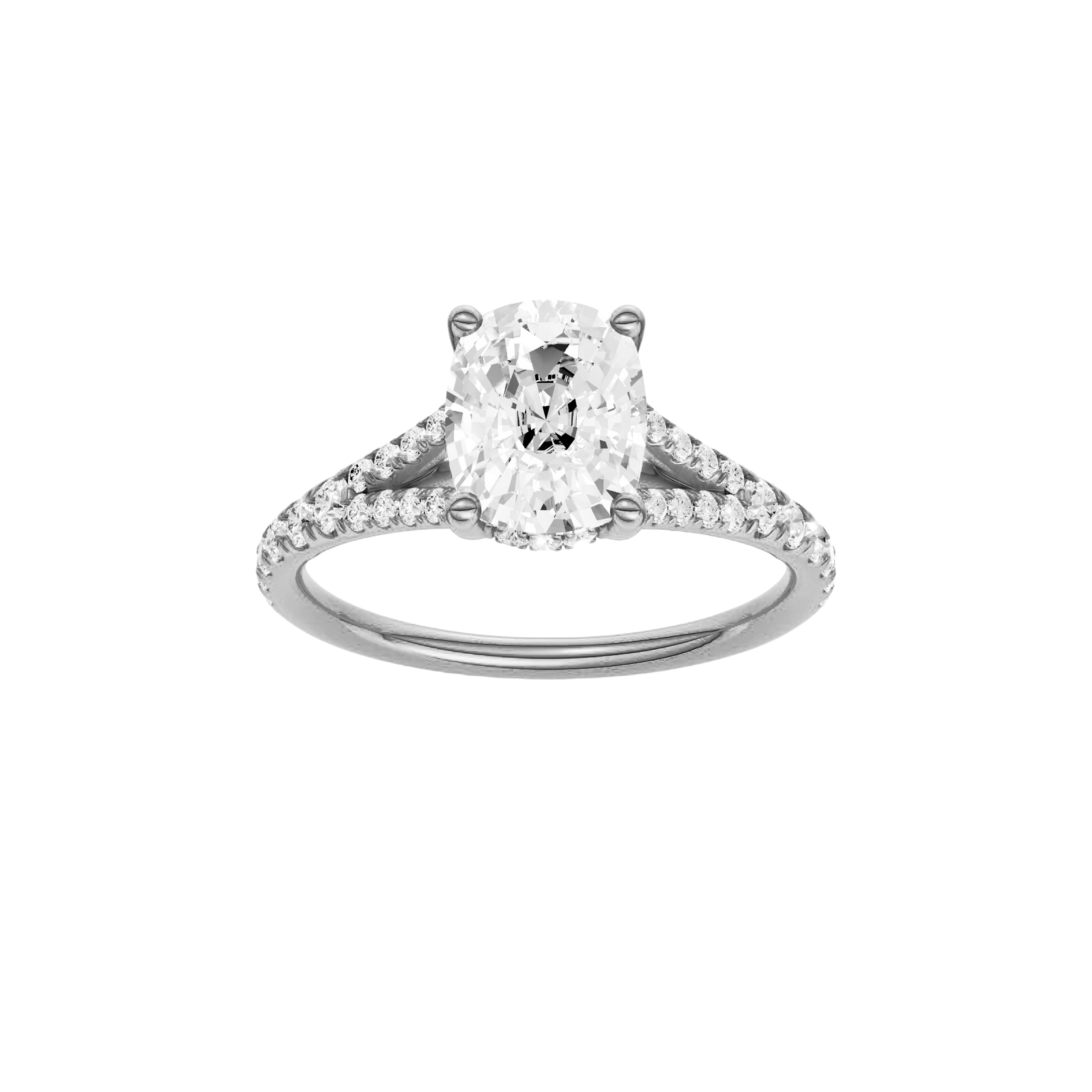 Elongated cushion-cut diamond engagement ring with a prong-set diamond band and hidden-halo setting.