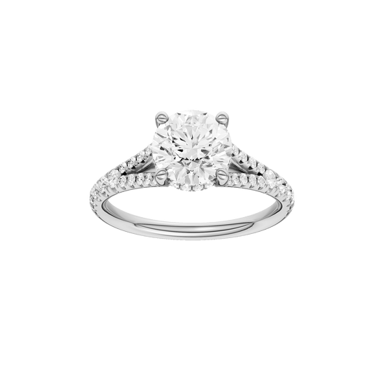 Round-cut diamond engagement ring with a prong-set diamond band and hidden-halo setting.