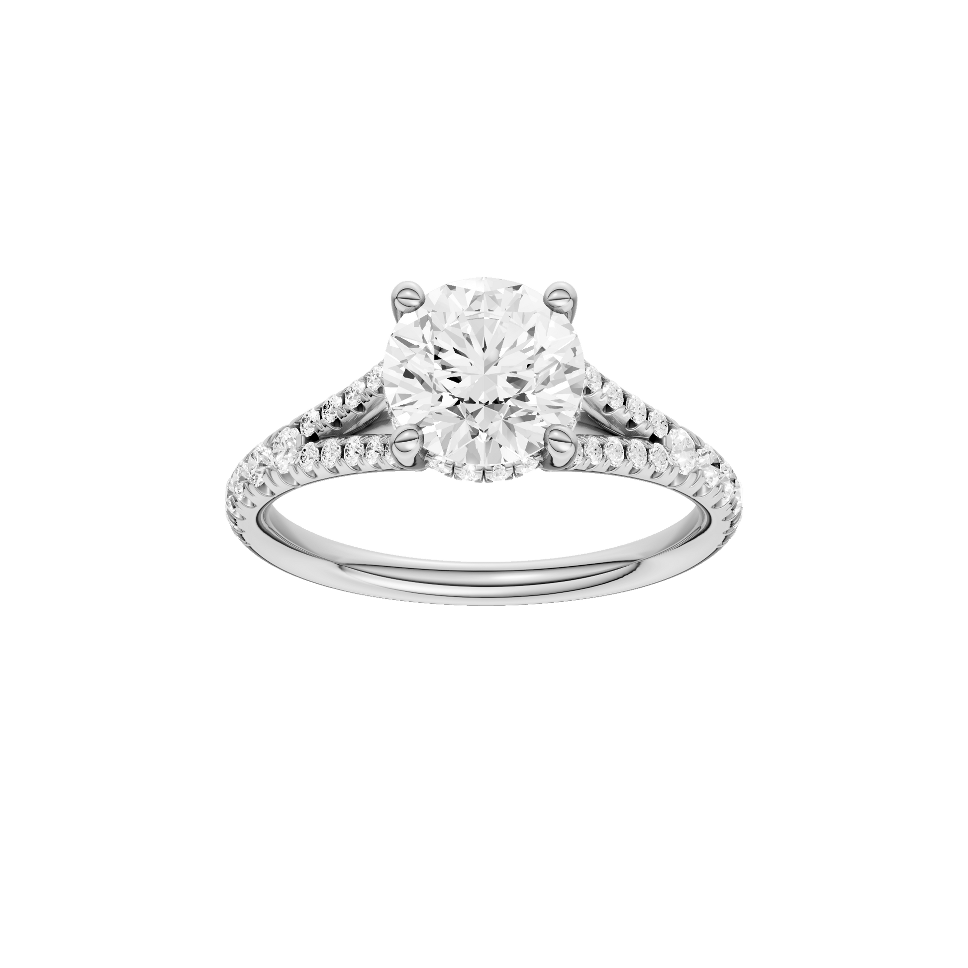 Round-cut diamond engagement ring with a prong-set diamond band and hidden-halo setting.