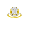 Emerald-cut diamond engagement ring with a prong-set diamond band and halo setting.