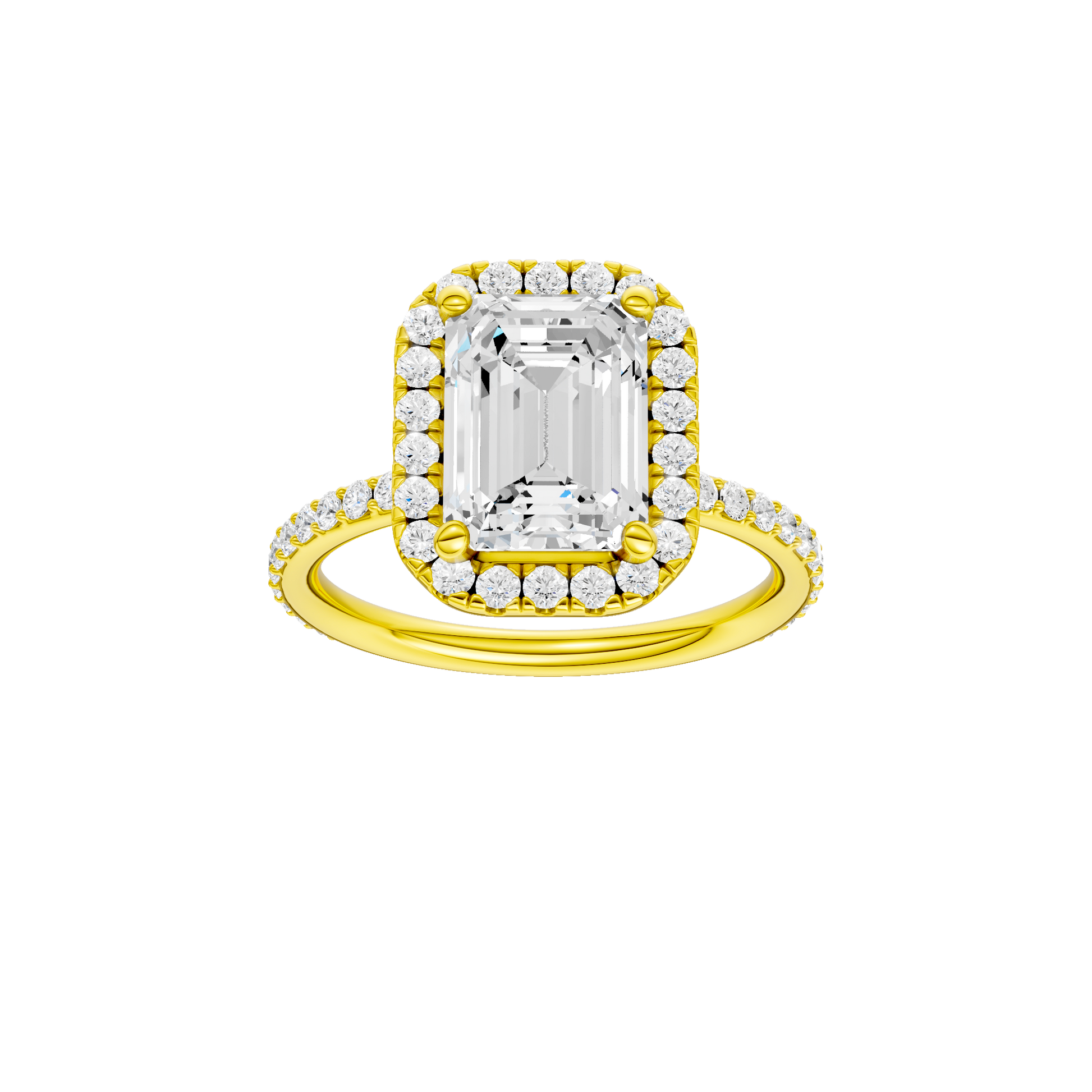 Emerald-cut diamond engagement ring with a prong-set diamond band and halo setting.
