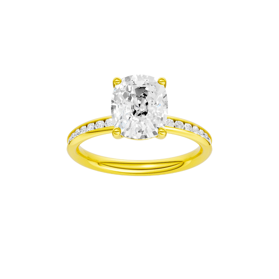 Elongated cushion-cut diamond engagement ring with a channel-set diamond band and solitaire setting.