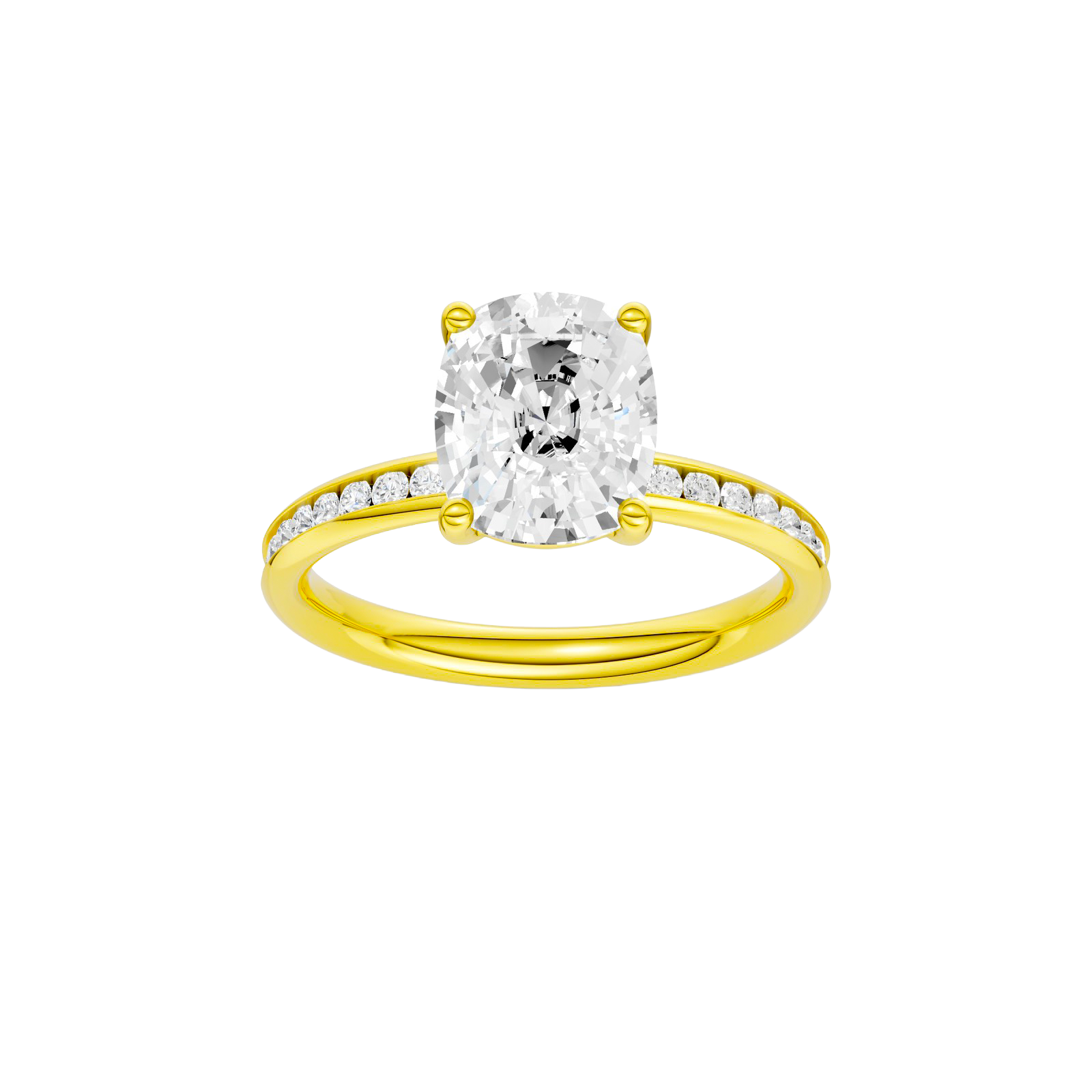 Elongated cushion-cut diamond engagement ring with a channel-set diamond band and solitaire setting.
