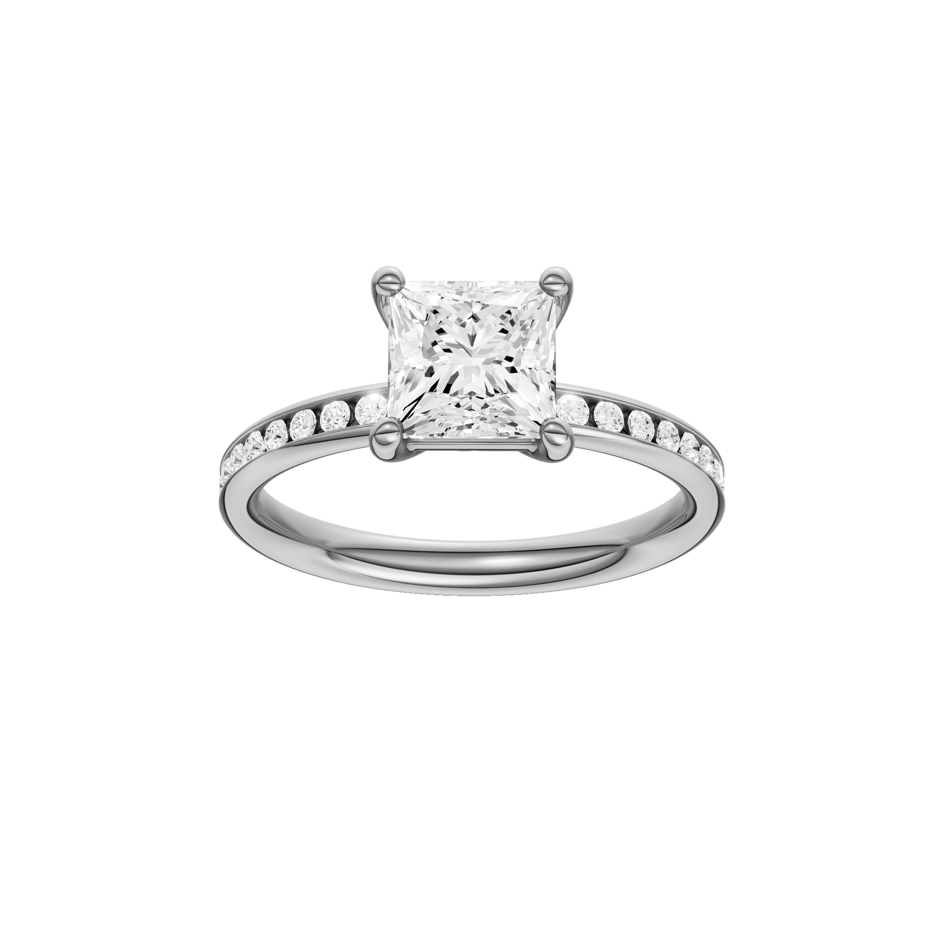 Princess-cut diamond engagement ring with a channel-set diamond band and solitaire setting.
