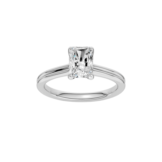 Radiant-cut diamond engagement ring with a plain band and solitaire setting.