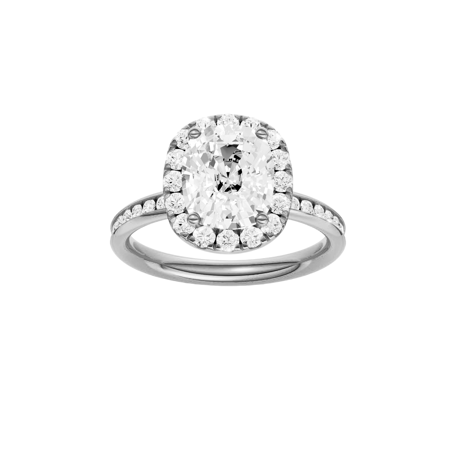Elongated cushion-cut diamond engagement ring with a channel-set diamond band and halo setting.