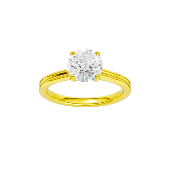 Round-cut diamond engagement ring with a plain band and solitaire setting.
