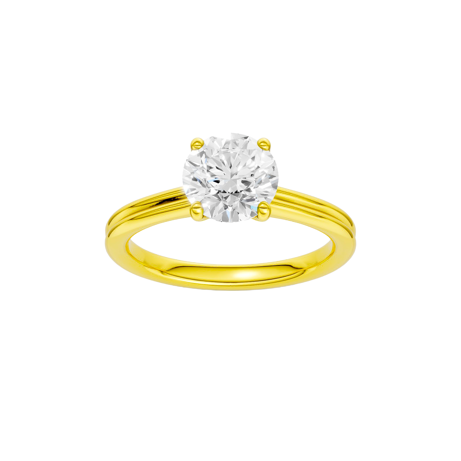 Round-cut diamond engagement ring with a plain band and solitaire setting.
