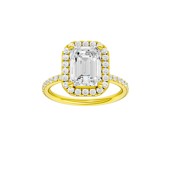 Emerald-cut diamond engagement ring with a prong-set diamond band and halo setting.