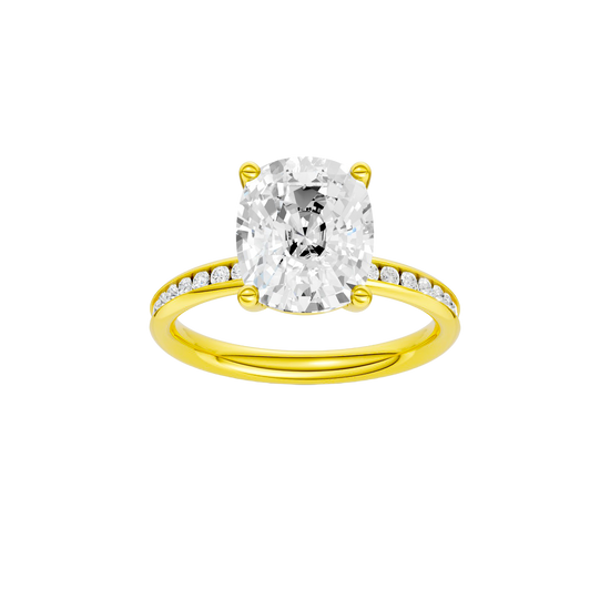Elongated cushion-cut diamond engagement ring with a channel-set diamond band and solitaire setting.