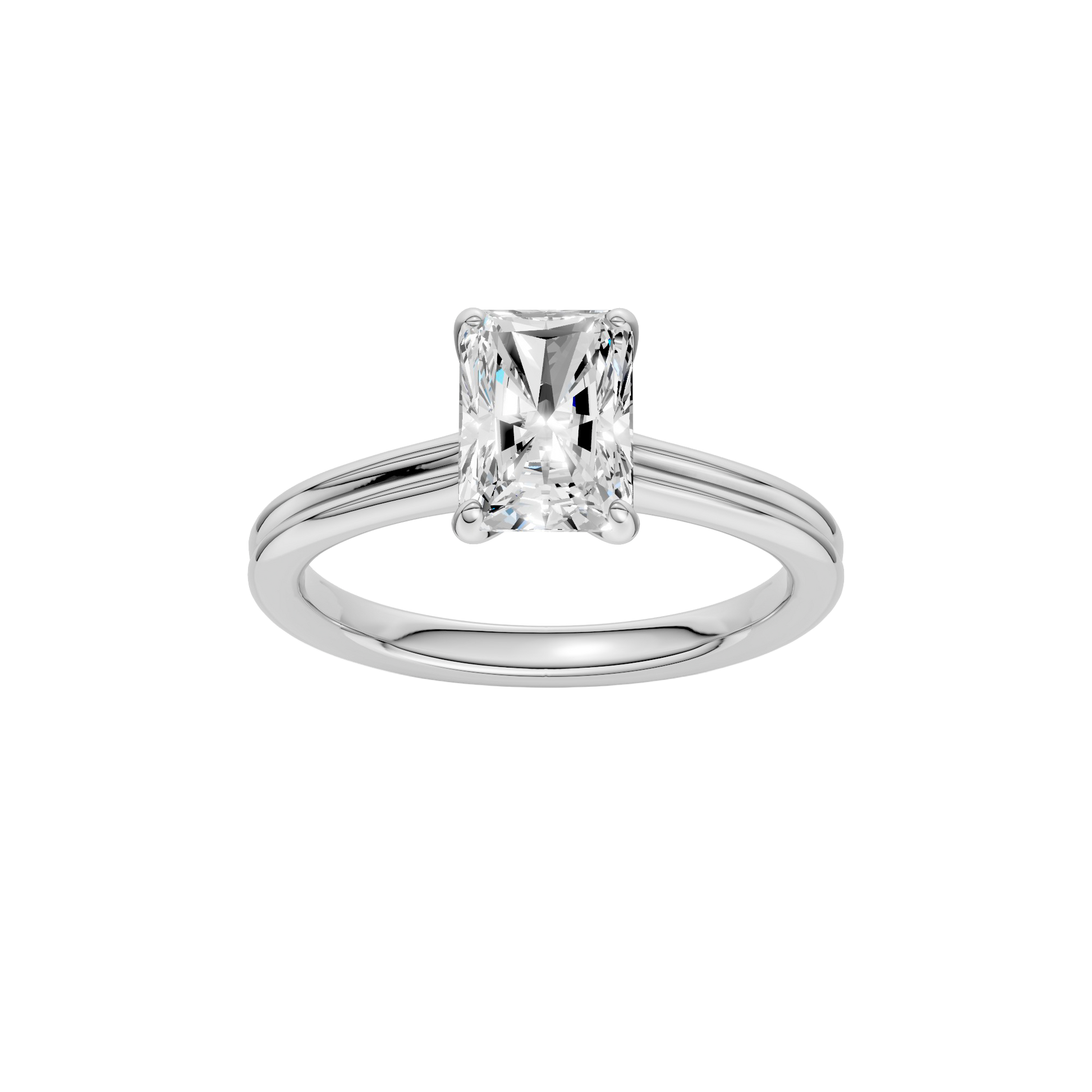 Radiant-cut diamond engagement ring with a plain band and solitaire setting.