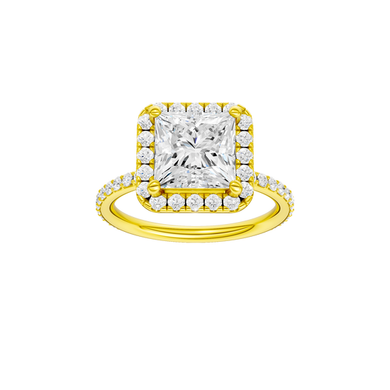 Princess-cut diamond engagement ring with a prong-set diamond band and halo setting.