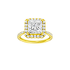 Princess-cut diamond engagement ring with a prong-set diamond band and halo setting.