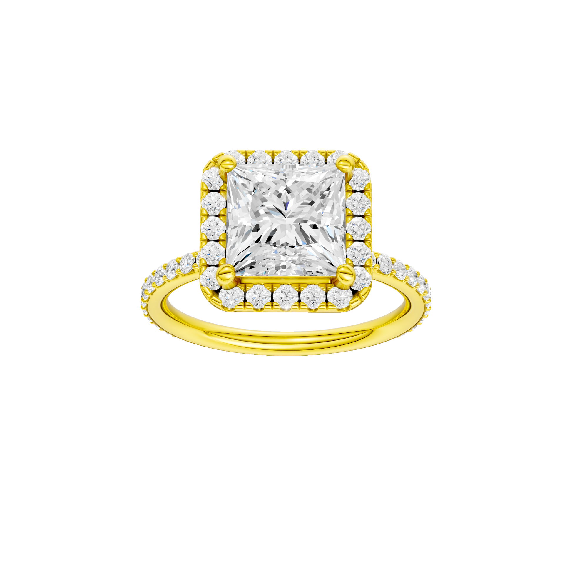 Princess-cut diamond engagement ring with a prong-set diamond band and halo setting.