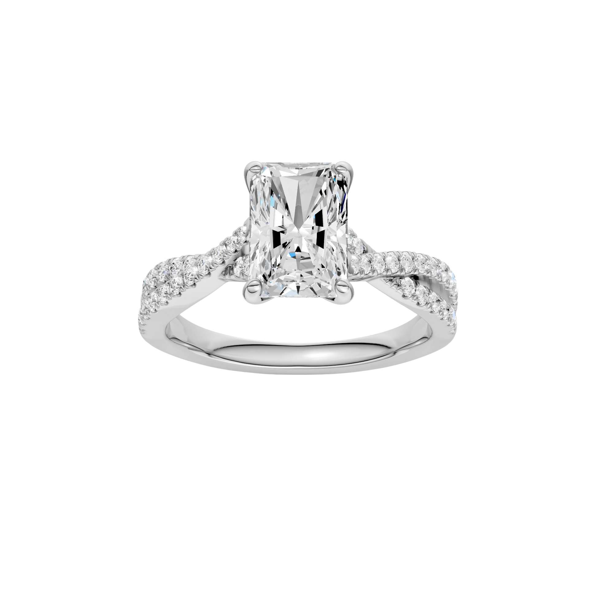 Radiant-cut diamond engagement ring in 14k white gold with a prong-set diamond band and twist setting