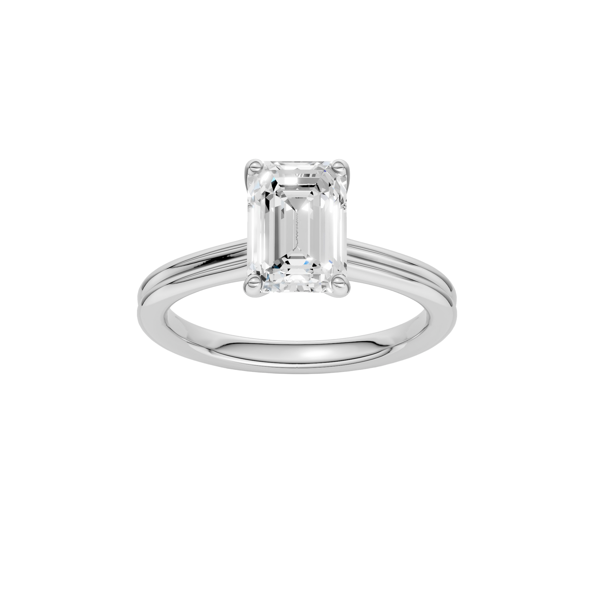 Emerald-cut diamond engagement ring with a plain band and solitaire setting.