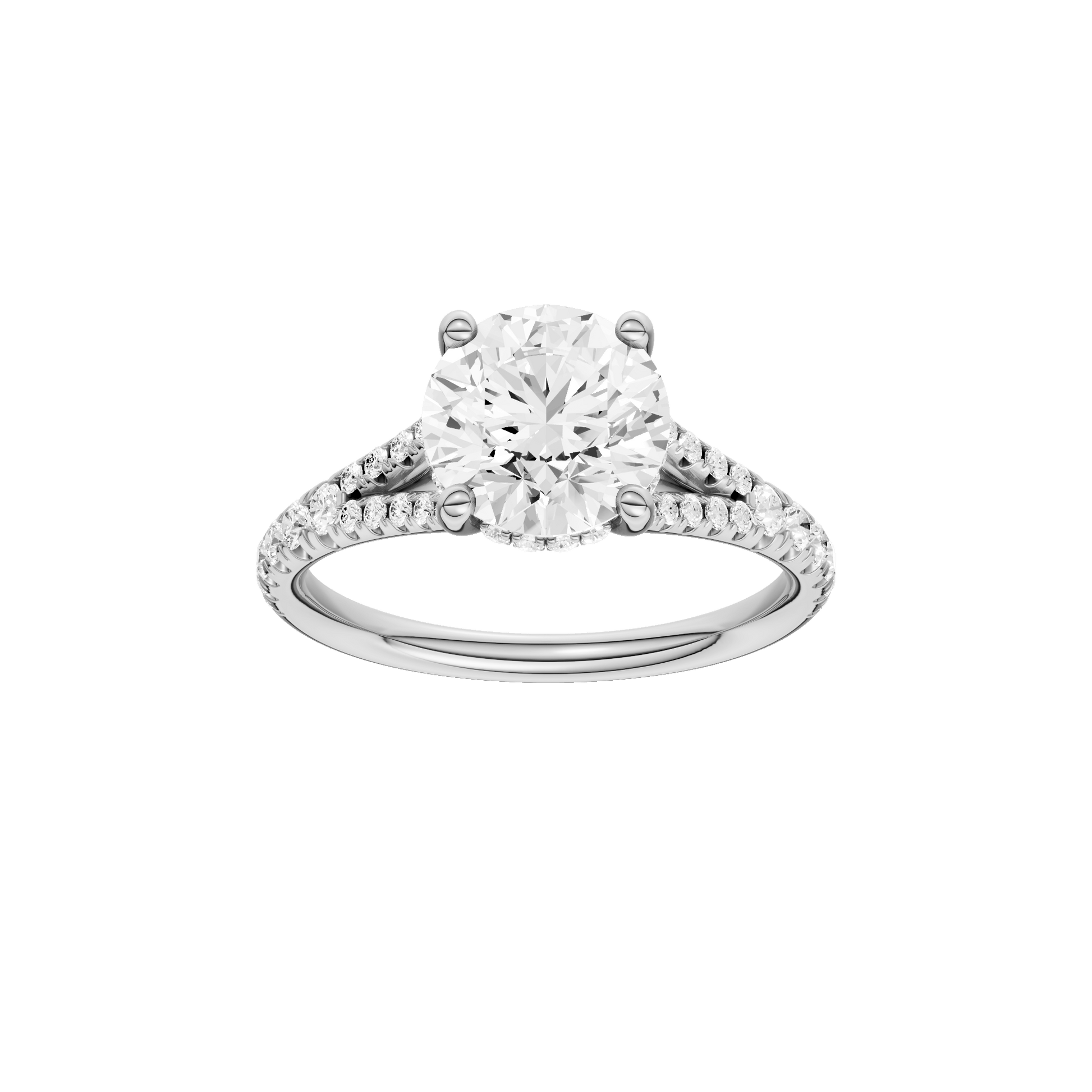 Round-cut diamond engagement ring with a prong-set diamond band and hidden-halo setting.