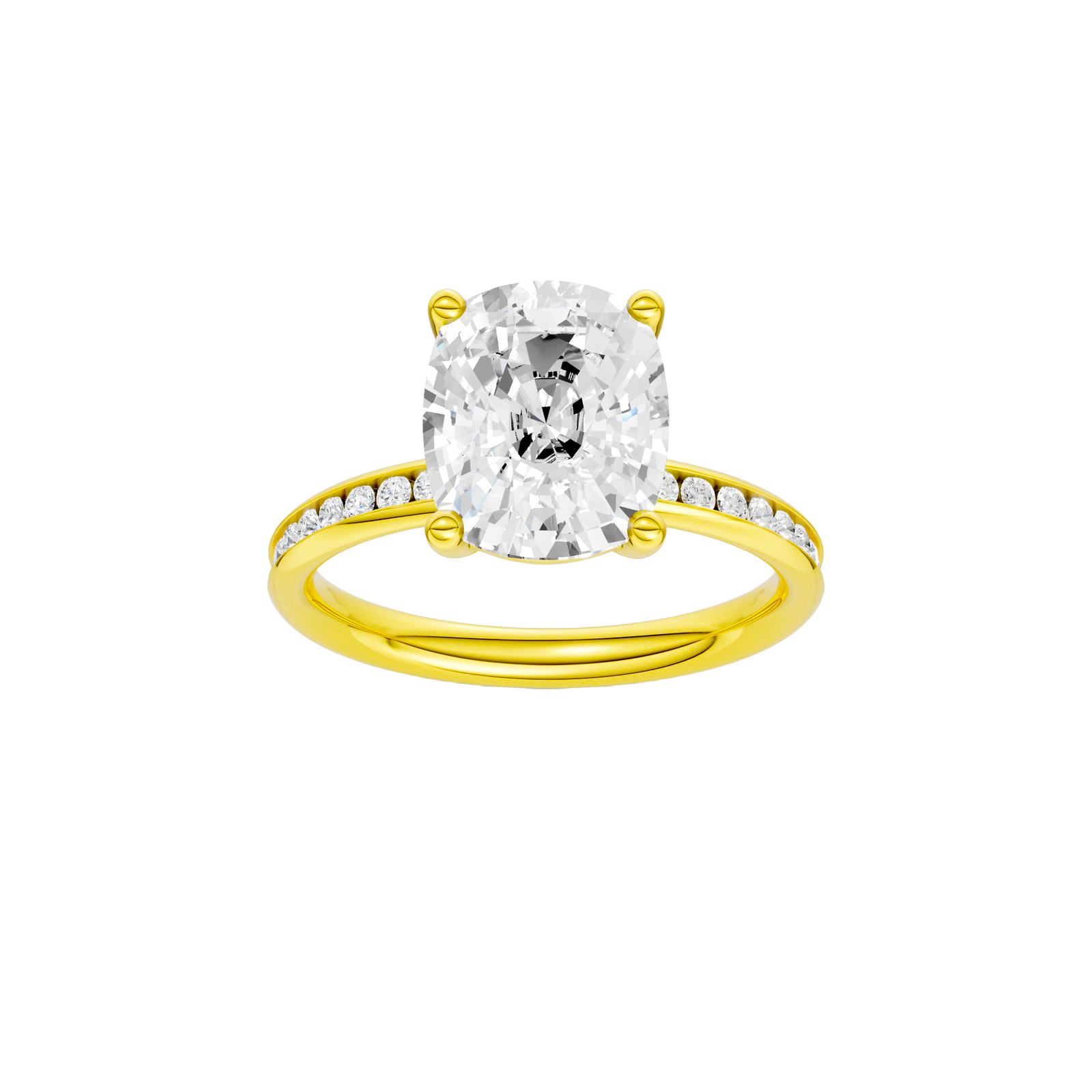 Elongated cushion-cut diamond engagement ring with a channel-set diamond band and solitaire setting.