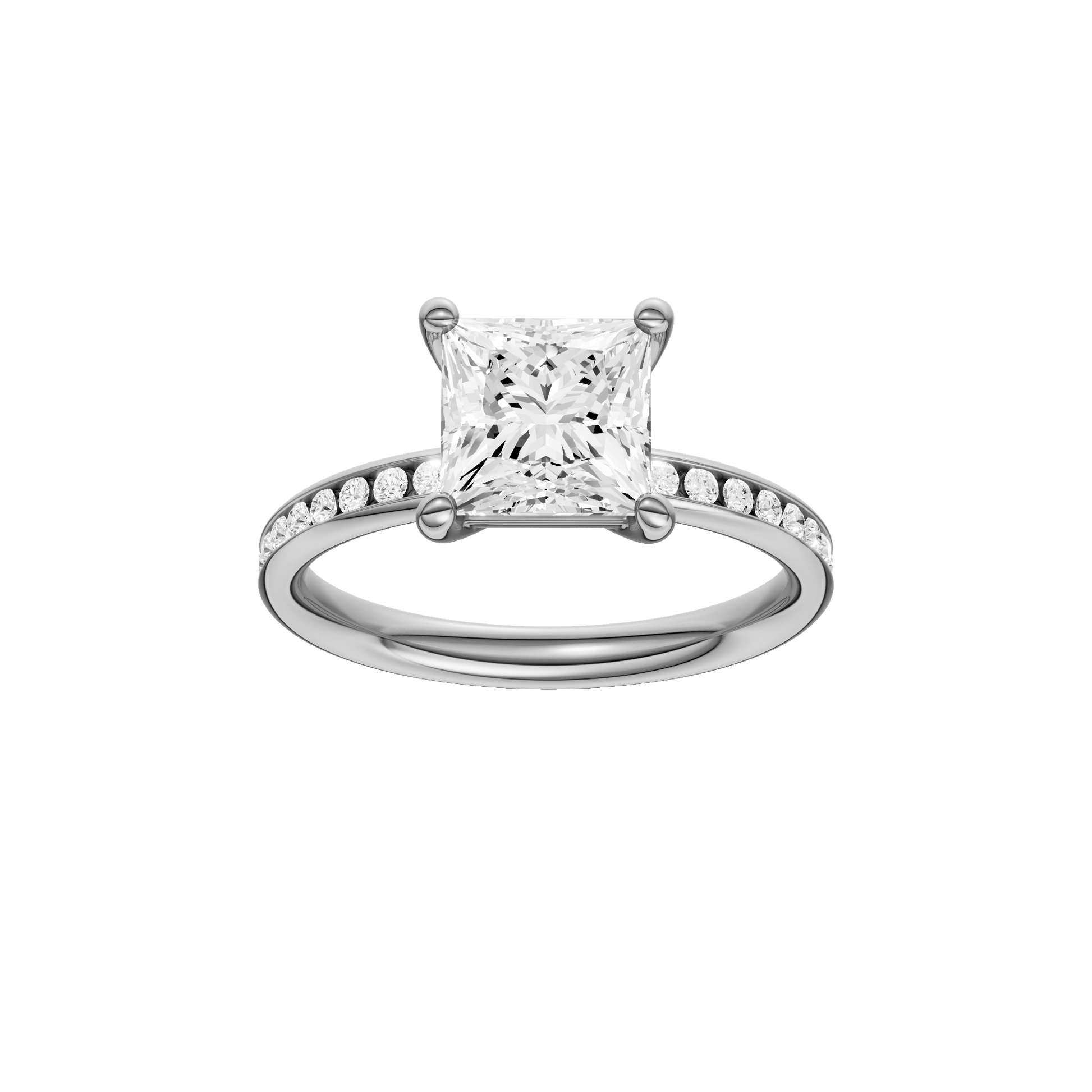 Princess-cut diamond engagement ring with a channel-set diamond band and solitaire setting.
