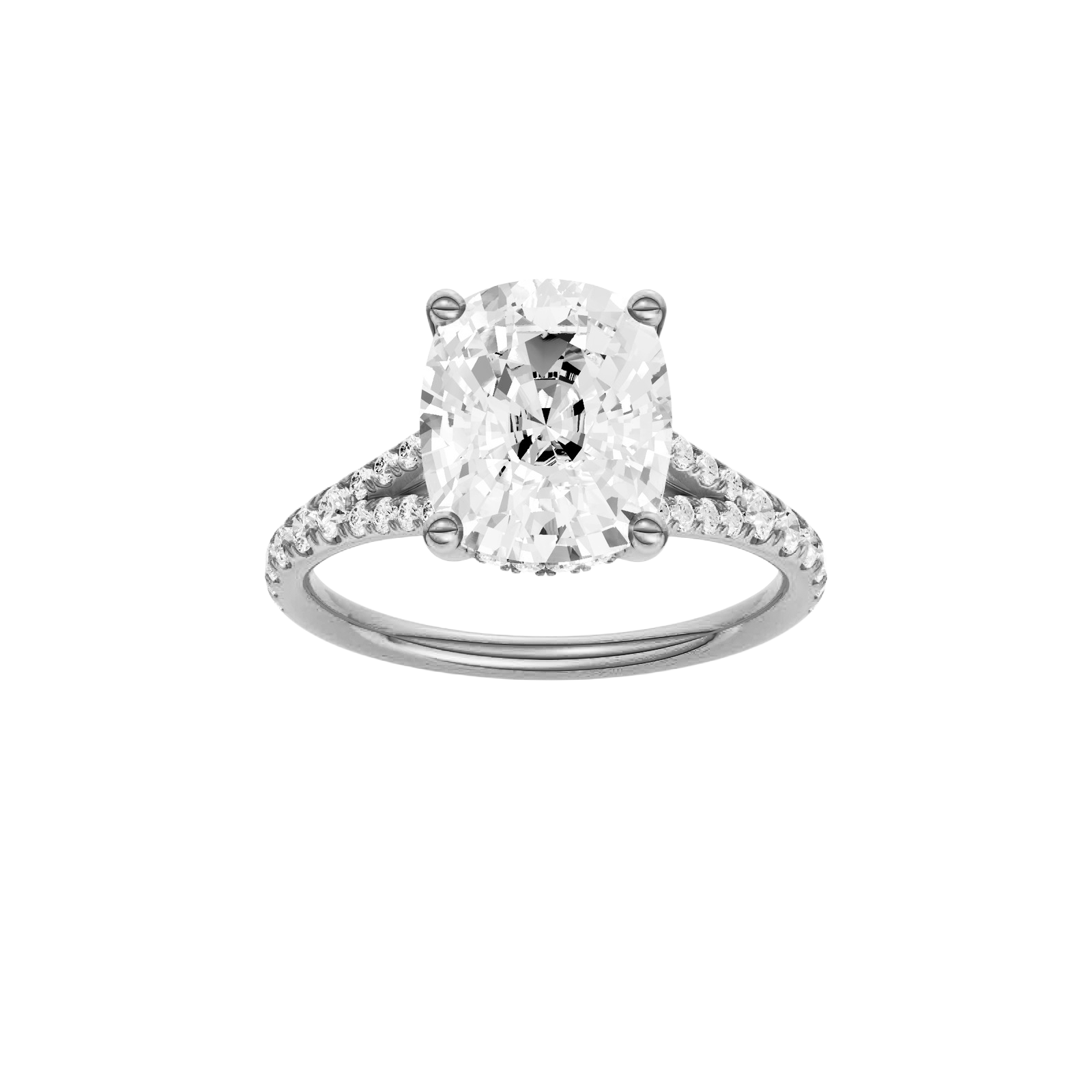 Elongated cushion-cut diamond engagement ring with a prong-set diamond band and hidden-halo setting.