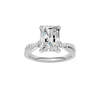 Radiant-cut diamond engagement ring in 14k white gold with a prong-set diamond band and twist setting