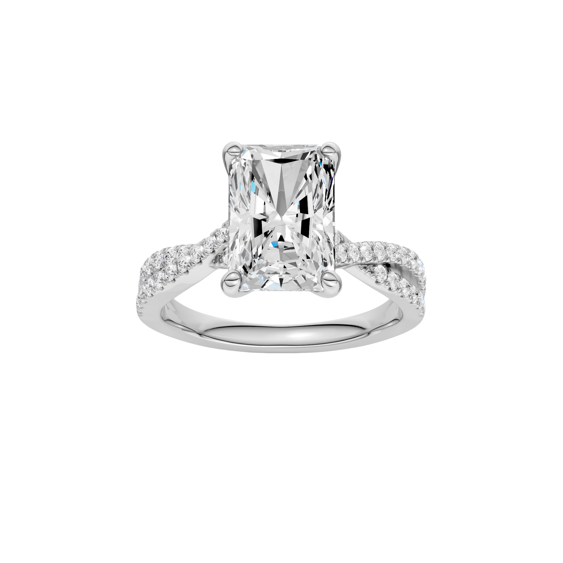 Radiant-cut diamond engagement ring in 14k white gold with a prong-set diamond band and twist setting