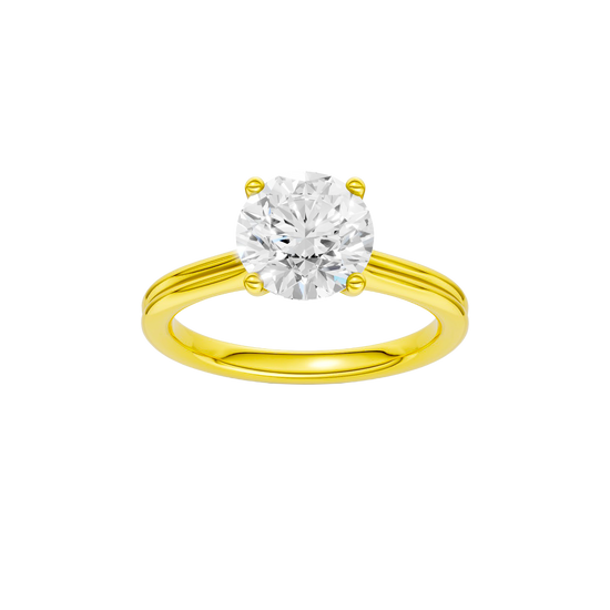 Round-cut diamond engagement ring with a plain band and solitaire setting.