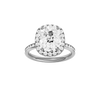 Elongated cushion-cut diamond engagement ring with a channel-set diamond band and halo setting.